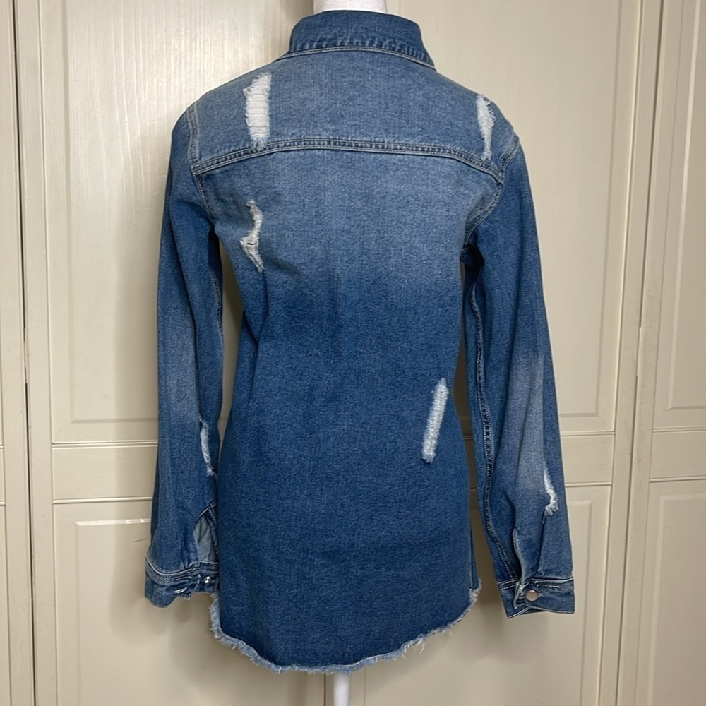 Women’s Oversized Denim Jacket Casual Long Boyfriend Distressed Blue Jean Sz M - Picture 7 of 10